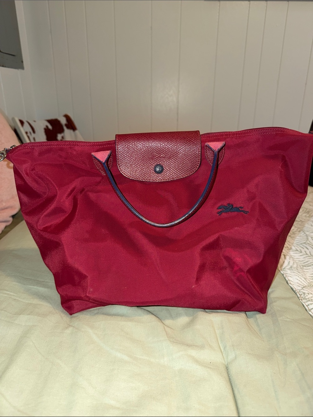 Longchamp Nylon Le Pliage Tote Bag - Deep Red with Dark Trim